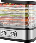 Hassle Free Countertop Electric Food Dehydrator With Five Generous Removable Trays and a simple digital dial, showcasing colorful fruits.