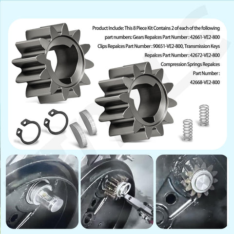 Honda Mower Drive Wheel Gears Kit 12 Tooth Replacement Includes 42661-VE2-800 Gears and 42672-VE2-800 Keys Springs And Clips Fits HRM215 HRB215 HRS216 21 Inch Cut Models, showing components and close-up of installation.
