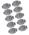 Battle Tough 10 Pack 1 Inch NPT Liquid Tight Conduit Connectors Heavy Duty Nylon Electrical Fittings stacked for outdoor use.