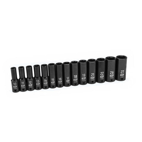 Heavy Duty 14 Piece One Half Inch Drive Deep Impact Socket Set Metric 6 Point Off Corner Loading Design Chromium Molybdenum Steel