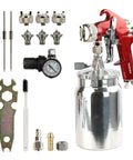 Top Shelf Siphon Feed Spray Gun With Stainless Steel Nozzles And Needles, One Liter Paint Cup, accessories including needles and regulator.