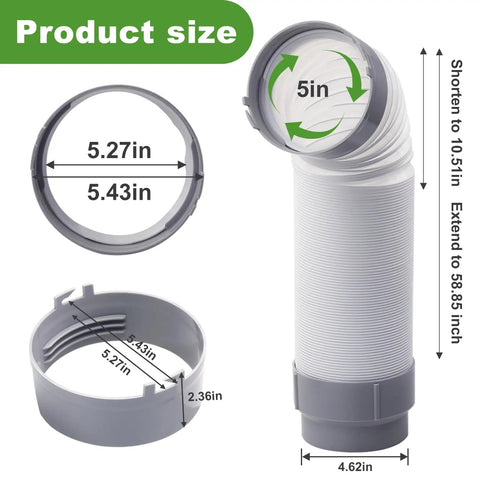 5 Inch Diameter Portable Air Conditioner Exhaust Hose Replacement Extends Up To 58.85 Inches Includes TL2667 Connection, showing dimensions and connectors.