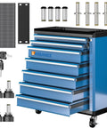 Heavy Duty Rolling Tool Chest With Seven Deep And Shallow Drawers Lockable Mobile Tool Cabinet On Swivel Wheels For Garage Organization, blue with accessories.