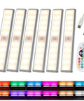 Wireless Under Cabinet Lights Kit With 48 LED RGB Color Changing, Remote Control, Rechargeable, Dimmable, 15 Colors, 3 Pack shown with remote and USB cable