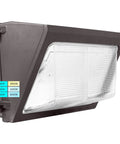 Beefed-Up Outdoor Wall Pack Light With Photocell Sensor showing side view and color temp indicators, IP65, UL Listed
