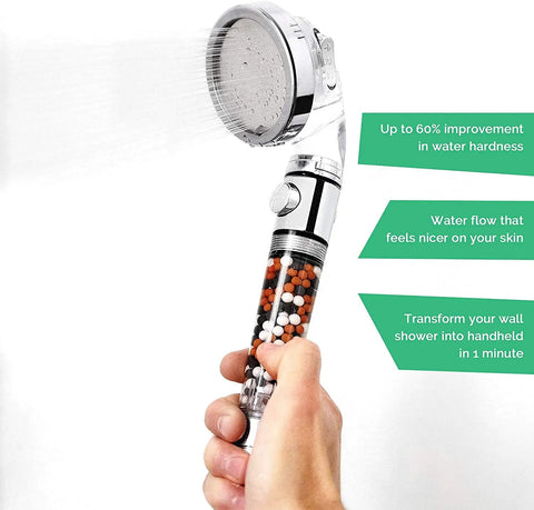 Filtered Shower Head With Eco Power High Pressure Water Softener, No Fuss On Off Switch, Spa Like Ionic Beads in use