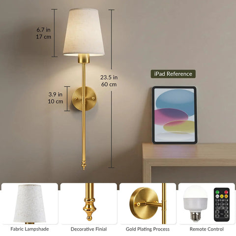 No Wiring Hassle Battery Operated Wall Sconces Set Of Two With Remote Control Adjustable 3CCT Led Lighting Smooth Wireless Mount Dope Gold Finish, 23.5 in tall.