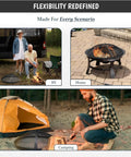 Round Fire Pit Spark Screen Compatible With Bonfire Size Pits Carbon Steel Mesh Cover With Easy Lift Hook And Bonfire Shield Removal Tool For Safe Embers Free No Sweat By The Fire shown in different outdoor settings for RV, home, and camping use.