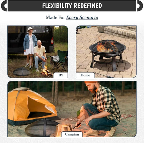 Round Fire Pit Spark Screen Compatible With Bonfire Size Pits Carbon Steel Mesh Cover With Easy Lift Hook And Bonfire Shield Removal Tool For Safe Embers Free No Sweat By The Fire shown in different outdoor settings for RV, home, and camping use.