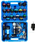 Pro Grade Coolant Pressure Tester And Radiator Vacuum Refill Kit Including 24 Universal Adapters For All Domestic And Import Cars Hella Compatible Auto Cooling Diagnostic Tool in blue case with various adapters.