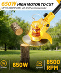 Cordless 21V Weed Eater cutting small tree logs with brush cutter attachment in grassy yard