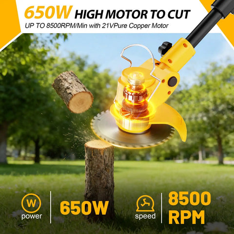 Cordless 21V Weed Eater cutting small tree logs with brush cutter attachment in grassy yard