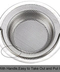 Top view of a Two Pack Sink Strainer Basket With Handle Four Point Five Inch Diameter Stainless Steel Rust Free And Dishwasher Safe