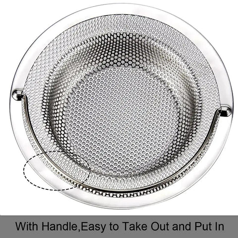Top view of a Two Pack Sink Strainer Basket With Handle Four Point Five Inch Diameter Stainless Steel Rust Free And Dishwasher Safe