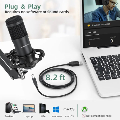 Pro Grade USB Condenser Podcast Microphone Kit With 192KHz 24Bit Audio shown with laptop setup