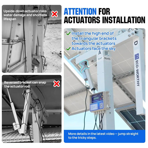 Images showing correct and incorrect actuator installation for the Dual Axis Solar Tracker Kit With Controller Boosts PV Output By 40 Percent Complete Tracking System For Solar Panels 270 Degree Rotation Ideal For Yard Farm Field Installations.