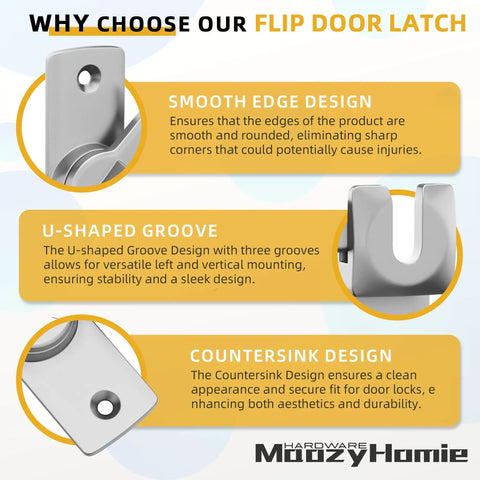 Heavy Duty Badass Flip Door Latch With Slick Silver Coating And Smooth 90 To 180 Degree Action For Barn Doors Cabinets And Bathrooms highlighting smooth edge and U-shaped groove design.