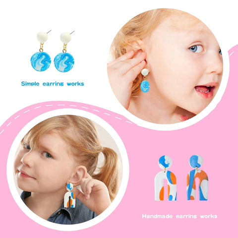 Girl wearing handmade earrings from 85 Color Polymer Clay Kit For Kids And Adults With 19 Sculpting Tools And 16 Accessories Oven Bake Modeling Clay Starter Set For Diy Creations And Gifts.