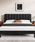 Heavy Duty Velvet Full Bed Frame With Piano Keys Headboard And Matching Footboard Solid Steel Platform Holds Mattress Directly No Box Spring Needed Quick Assembly Stylish Space Saver Black with plush headboard and stylish bedding.