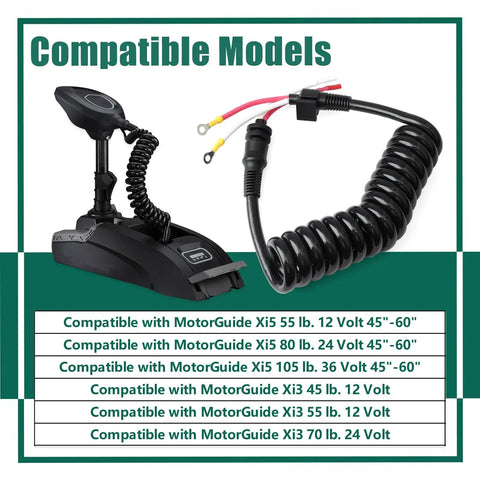 Image showing 8M0029237 Curly Cable Replacement For MotorGuide Xi3 And Xi5 Trolling Motors with compatible models listed.