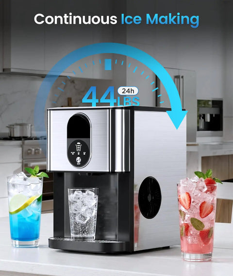 Nugget Ice Maker Countertop With Soft Chewable Ice, Delivers 44 Lbs A Day, Portable in kitchen, stainless steel silver finish