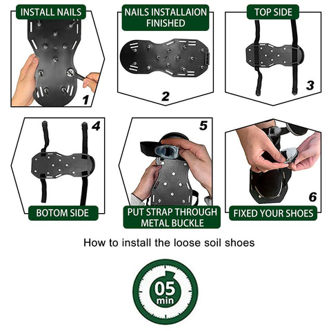 Step-by-step guide for Lawn Aerator Shoes with Self Tightening Straps and Nonslip Metal Buckles installation process.