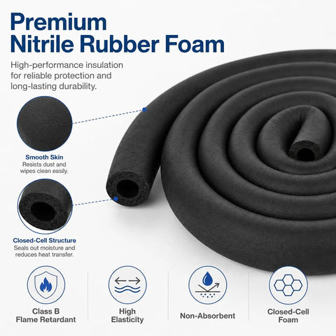 Hella Tough Three Quarter Inch Inner Diameter Foam Pipe Insulation Sleeve For Air Conditioning Hvac Lines, premium nitrile rubber foam. 6 ft roll.