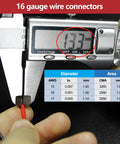 Caliper measuring diameter of waterproof 2-pin wire connector lead, showing AWG sizes for cars, trucks, boats, and marine projects.
