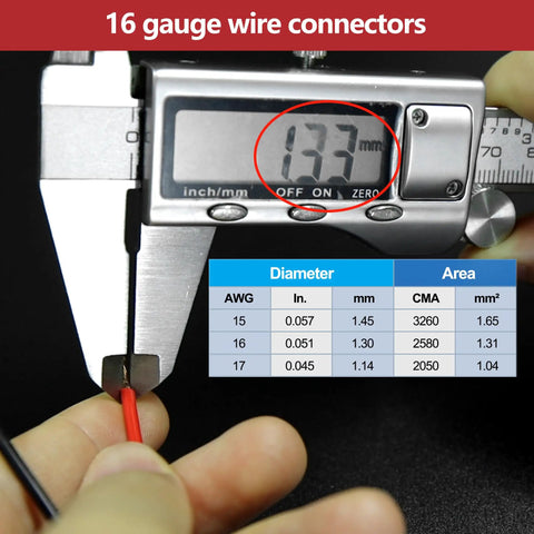 Caliper measuring diameter of waterproof 2-pin wire connector lead, showing AWG sizes for cars, trucks, boats, and marine projects.