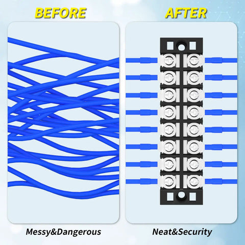 Before and after of wiring with Durable 25A 600V Dual Row Screw Terminal Block With Cover 8 Position Pre Insulated Wire Terminal Strip And Jumpers Clear Protective Cover PC Shell 4 Pack Great For Control Panels And Auto Projects