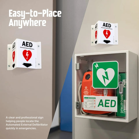 Two Sided Acrylic Aed Sign Built Hard As Nails To Help You Locate Life Saving Gear Fast With Heavy Duty Polished Wall Mount Display Featuring Bold Down Arrow Symbol Indoors Outdoors, mounted on the wall near an AED cabinet.