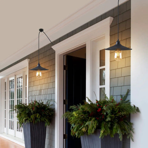Outdoor porch with two No Fuss Easy Plug In Cord Outdoor Hanging Lamp For Patio Waterproof Pendant Light Weatherproof 110V-240V fixtures