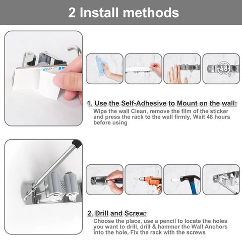 Installation methods for Stainless Steel Broom Holder Wall Mount Organizer with 5 racks and 4 hooks, SUS 304 rust resistant.
