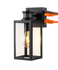 Built Tough Black Motion Sensor Outdoor Wall Light With Dusk Till Dawn Auto Sense And Built In Two Electrical Outlets For Plugging Yard Gear Weatherproof Plug Ready Lighting with E26 socket and GFCI protection.