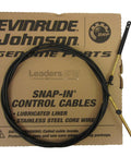 OEM Snap In 19ft Throttle And Shift Control Cable for Outboard Marine Motors coiled on a branded Evinrude Johnson box