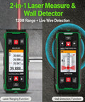 Straight Up Heavy Duty Wall Scanner And Dead On Stud Finder With Built In 120 Meter Laser Tape Measure For Spotting Wood Metal Ac Wiring Plus Rebar Zero Hassle Setup Fast Rechargeable Battery And Sharp Color Display on display showing laser measure and wall detection functions