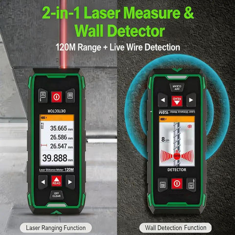Straight Up Heavy Duty Wall Scanner And Dead On Stud Finder With Built In 120 Meter Laser Tape Measure For Spotting Wood Metal Ac Wiring Plus Rebar Zero Hassle Setup Fast Rechargeable Battery And Sharp Color Display on display showing laser measure and wall detection functions