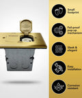 20A Tamper-Resistant Receptacle Floor Box With Flip Lid And Brass Cover, space-saving power outlet for kitchen or office.