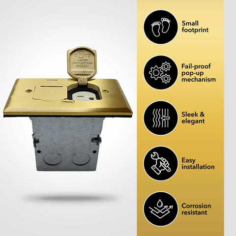 20A Tamper-Resistant Receptacle Floor Box With Flip Lid And Brass Cover, space-saving power outlet for kitchen or office.