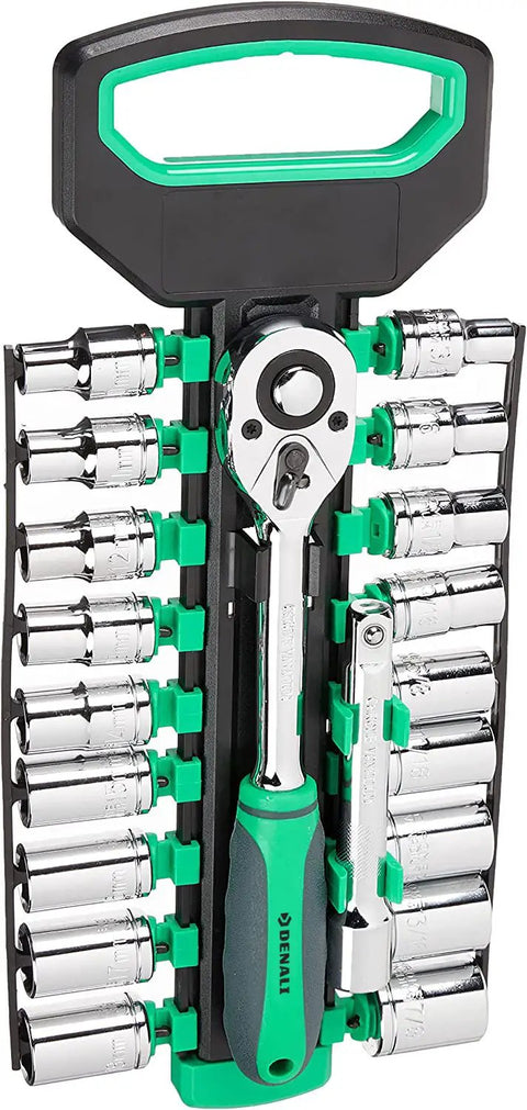 Half Inch Drive Socket Set With Holder 20 Piece Pro Grade Heavy Duty Chrome Finish Heat Treated Carbon Steel Construction Rust Resistant Storage Case Ideal For Home Garage Repairs Maintenance And General Use