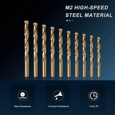 Top Notch Jobber Drill Bit Set With Gold Finish, 10mm High Speed Steel Bit Kit For Metal Wood And Plastic, 1mm To 10mm Sizes With 135 Split Point Drills, M2 HSS