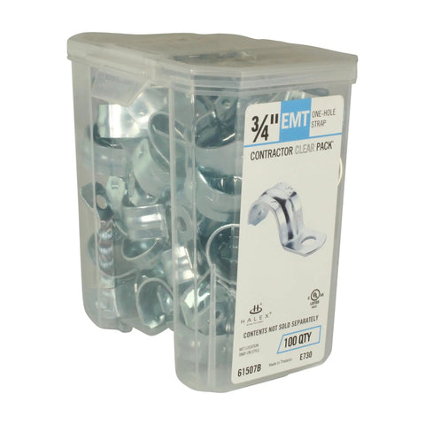 Plastic container of 3/4 Inch EMT Conduit Strap Clamp One Hole, 100 pack steel straps for secure electrical wiring