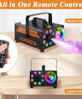 Powerful 600W Fog Machine with Disco Ball and 13 Color LED Lights for Halloween Parties Weddings and DJs, remote control included.