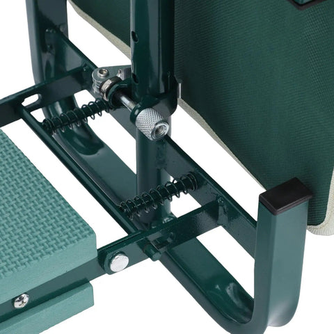 Close-up of Garden Kneeler Seat Folding Kneeler Bench With Adjustable Height showing sturdy carbon steel frame and green padding.