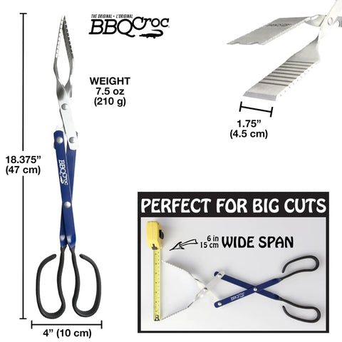 18 Inch 3 In 1 Barbecue Tool With Long Tongs Spatula And Grill Scraper, Blue, product dimensions and features display