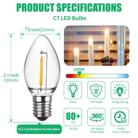 Shatterproof C7 LED Replacement Bulbs For Christmas Lights Warm White Indoor Outdoor Use E12 Candelabra Base vintage style