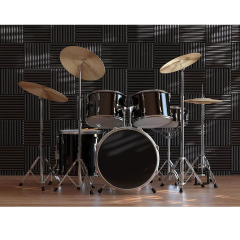 12 Pack Professional Grade Soundproofing Foam Wedges For Walls High Density Polyurethane Acoustic Panels Flat Out Solid Studio Kit That Kills Background Echo Noise Fast behind a black drum set.