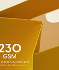 Close-up of a yellow gift bag made from 230 GSM extra-thick cardstock with visible crease-free edge.