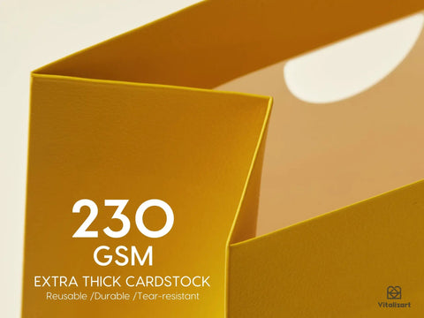Close-up of a yellow gift bag made from 230 GSM extra-thick cardstock with visible crease-free edge.