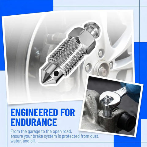 Solid M10 Car Brake Bleeder Screw Replacement Kit With Two Grease Fitting Caps Made From Heavy Duty White Zinc Coated Carbon Steel close up.
